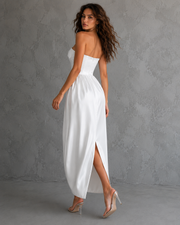 Ivory Satin Off-Shoulder Bubble Hem Dress - Elegant Sculpted Ankle-Length Evening Gown