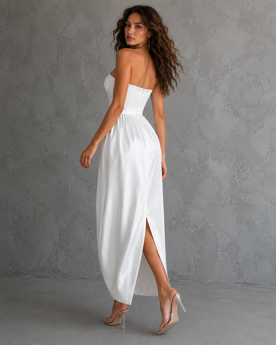 Ivory Satin Off-Shoulder Bubble Hem Dress - Elegant Sculpted Ankle-Length Evening Gown