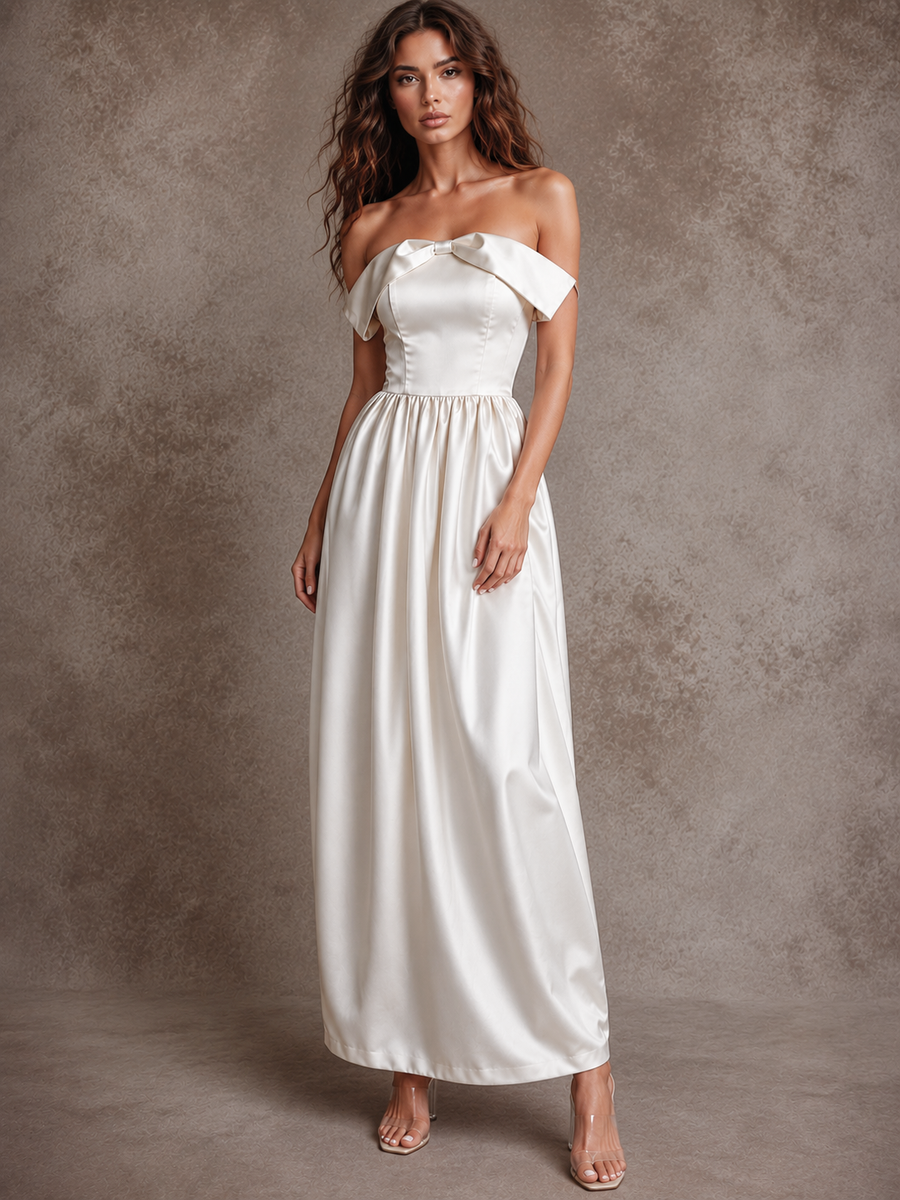 Ivory Satin Off-Shoulder Bubble Hem Dress - Elegant Sculpted Ankle-Length Evening Gown
