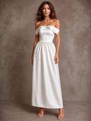 Ivory Satin Off-Shoulder Bubble Hem Dress - Elegant Sculpted Ankle-Length Evening Gown