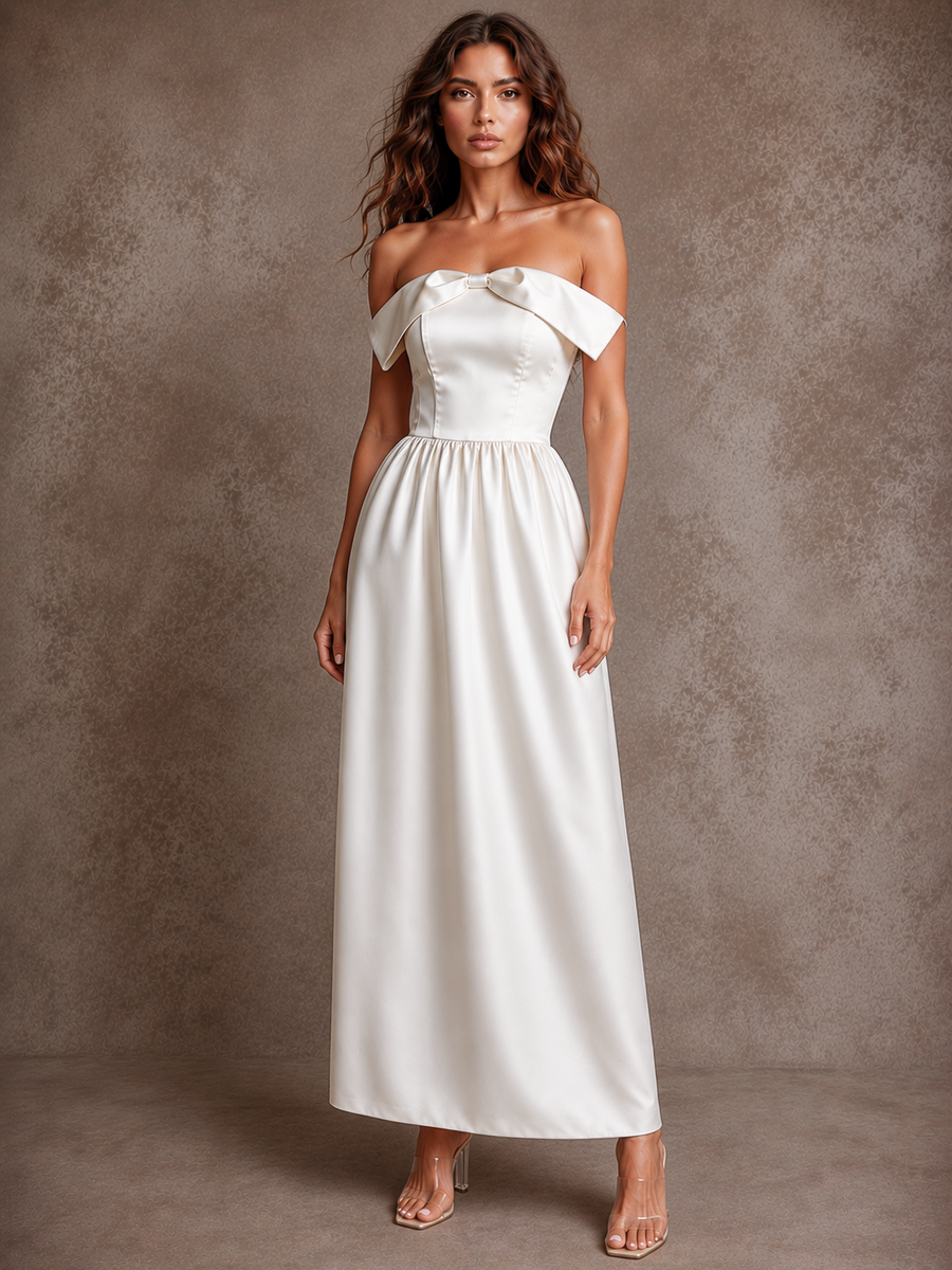 Ivory Satin Off-Shoulder Bubble Hem Dress - Elegant Sculpted Ankle-Length Evening Gown