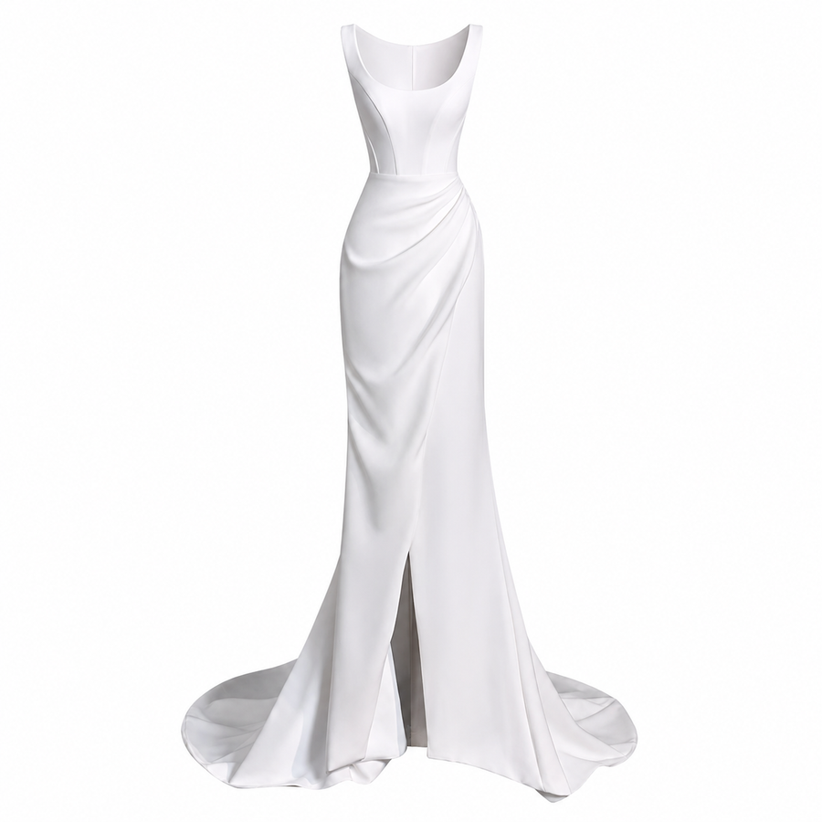 Ivory Sculpted Mermaid Evening Gown - Luxury Square Neck High Slit Formal Dress