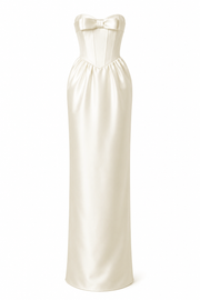 Ivory satin corset elegant strapless evening gown with bow and floor-length skirt
