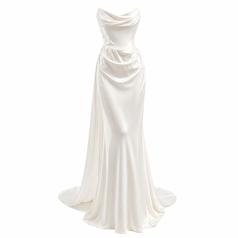 Elegant Celestial Drape Back wedding guest dress in minimalist flowing satin with strapless draped back design