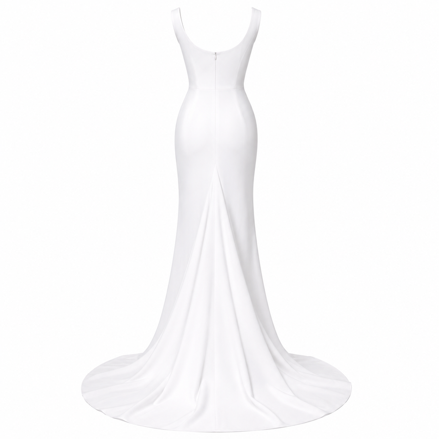 Ivory Sculpted Mermaid Evening Gown - Luxury Square Neck High Slit Formal Dress