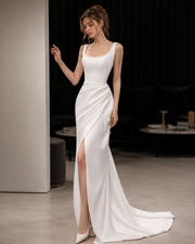 Ivory Sculpted Mermaid Evening Gown - Luxury Square Neck High Slit Formal Dress