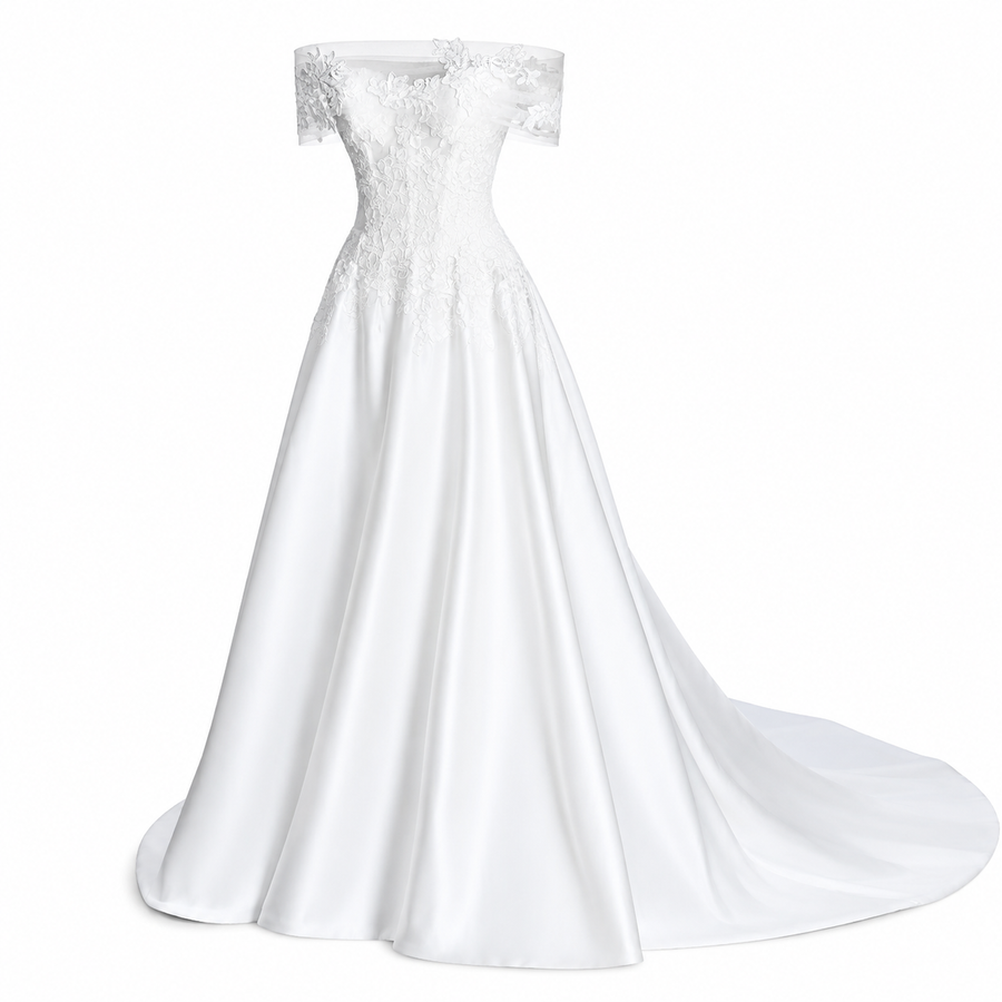Celestia Lace Off-Shoulder Bridal Gown - Elegant Satin Wedding Dress with Romantic Floral Embroidery