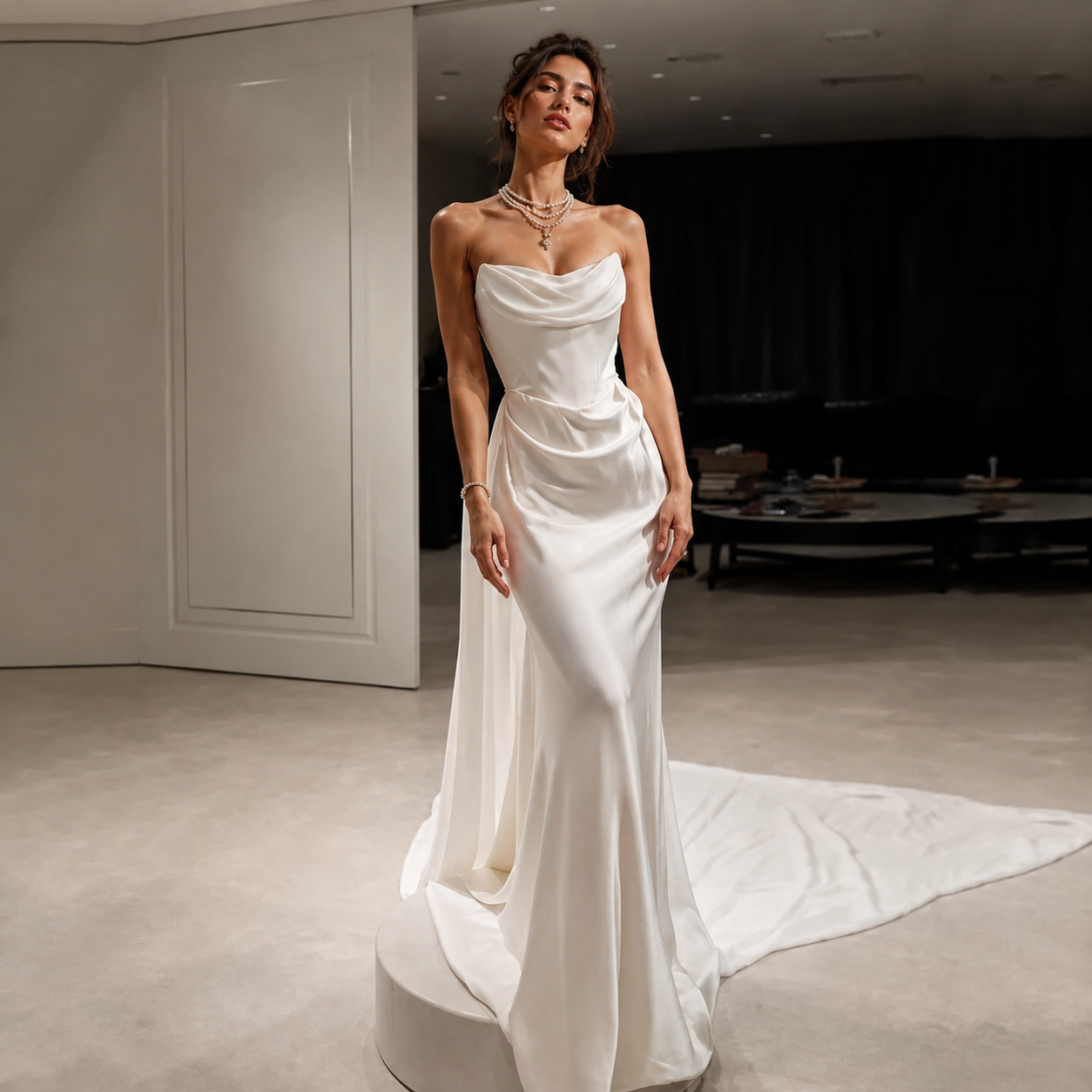 Celestial Drape Back Wedding Gown - Minimalist Flowing Satin Bridal Dress