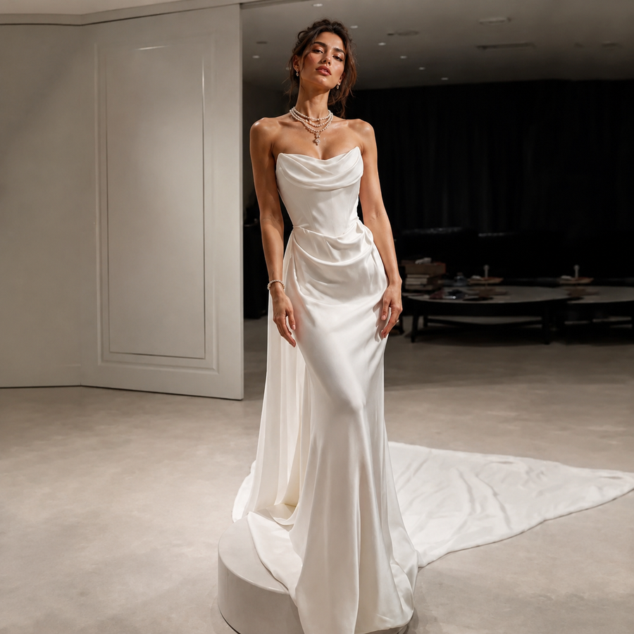 Minimalist Celestial Drape Back wedding gown in flowing satin with elegant strapless design