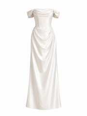 Ivory Satin Off-Shoulder Corset Gown - Elegant Draped Bridal Evening Dress
