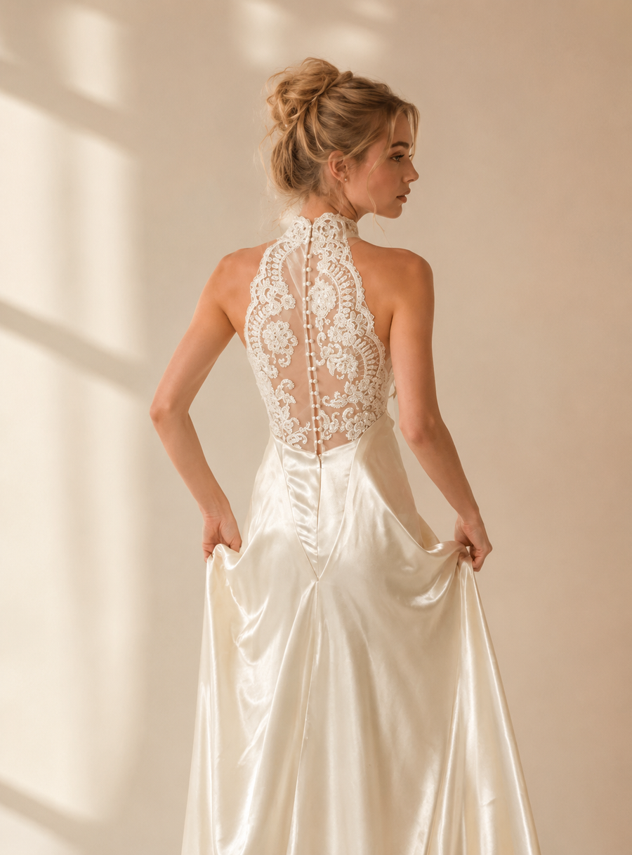 Elegant ivory lace halter dress with sheer back and draped train for weddings
