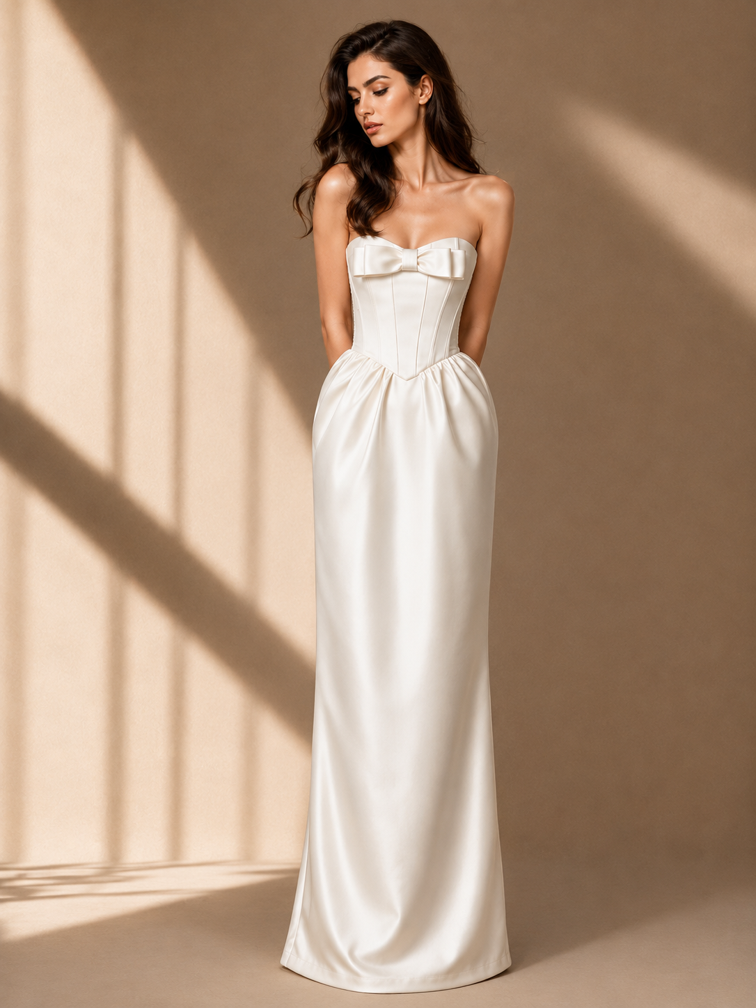 Ivory Satin Corset Evening Gown - Sculpted Strapless Bow Maxi Dress