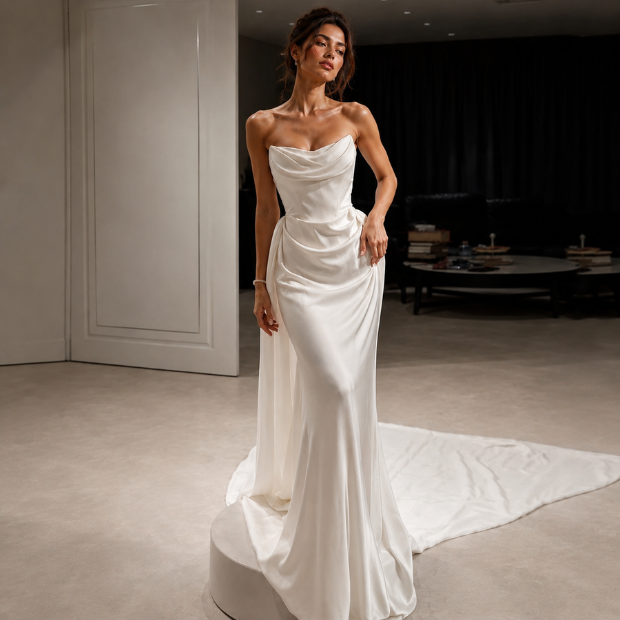 Elegant Celestial Drape Back strapless satin wedding guest dress with flowing silhouette
