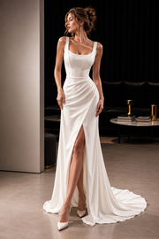 Ivory Sculpted Mermaid Evening Gown - Luxury Square Neck High Slit Formal Dress