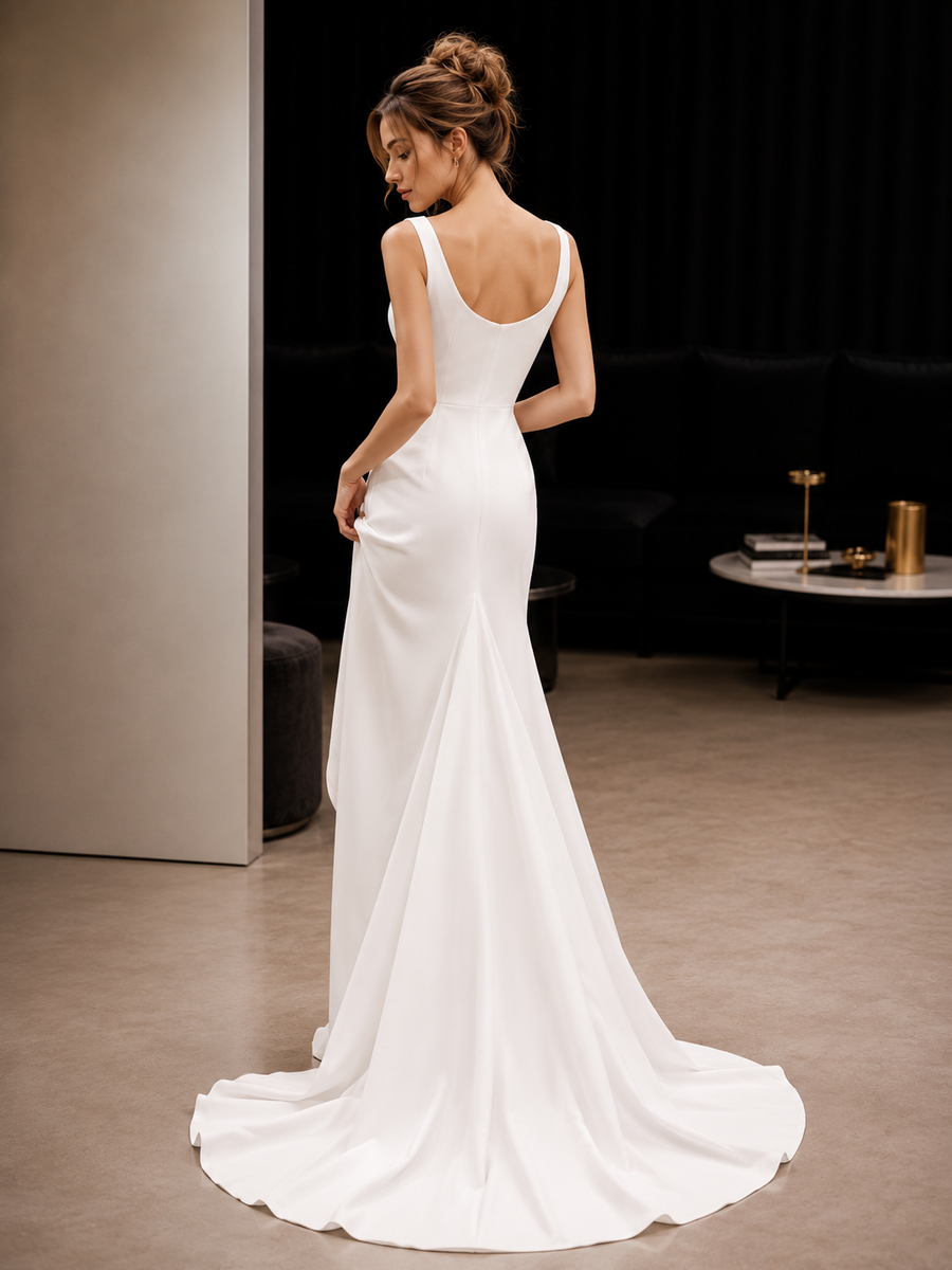 Ivory Sculpted Mermaid Evening Gown - Luxury Square Neck High Slit Formal Dress