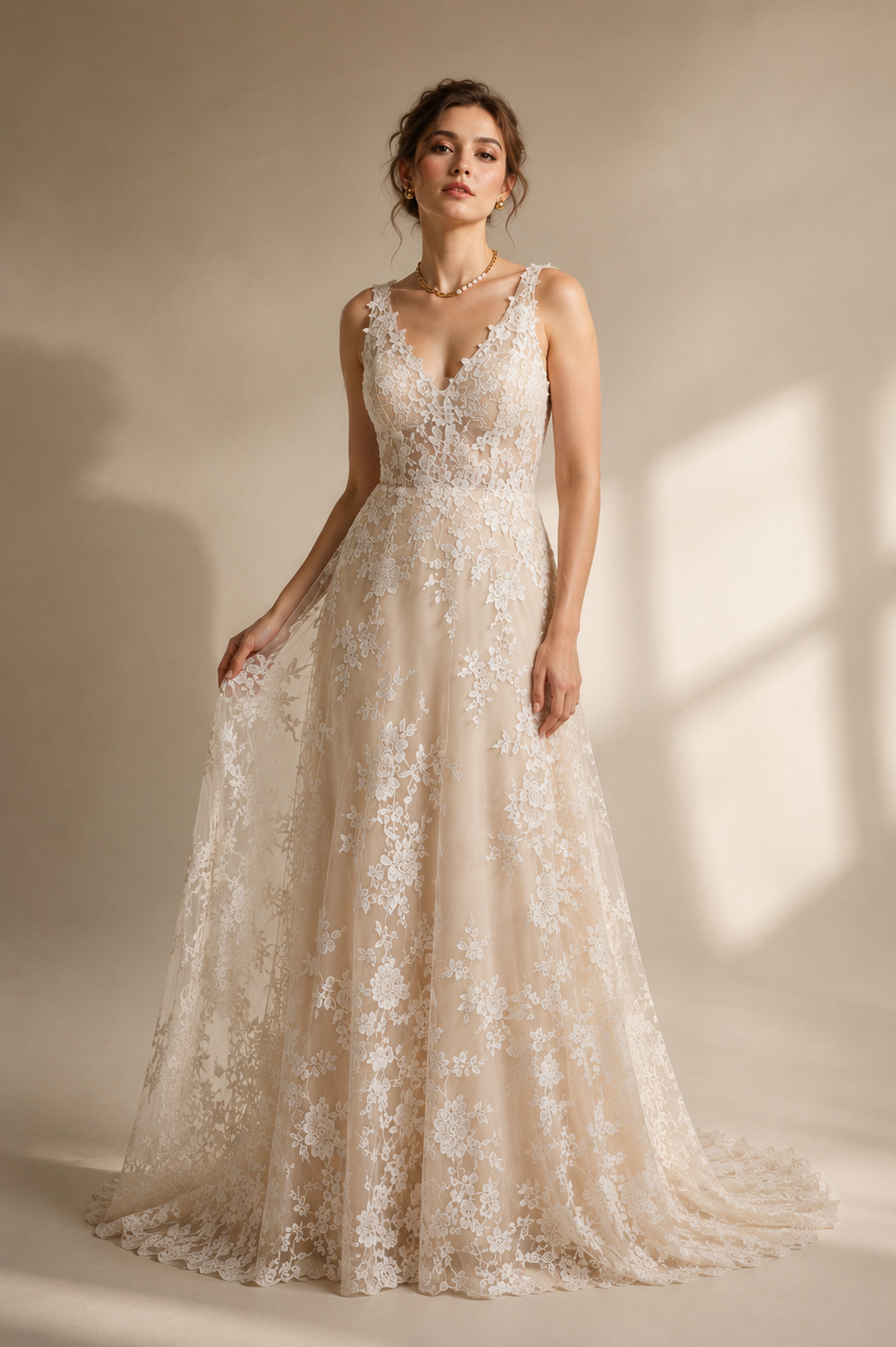 Ivory Floral Lace Illusion Bridal Gown - Romantic Nude Tulle Wedding Dress