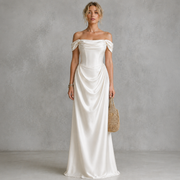 Ivory Satin Off-Shoulder Corset Gown - Elegant Draped Bridal Evening Dress