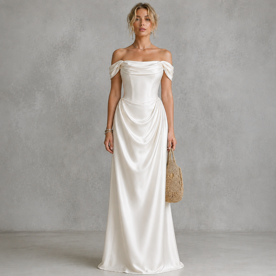 Ivory Satin Off-Shoulder Corset Gown - Elegant Draped Bridal Evening Dress