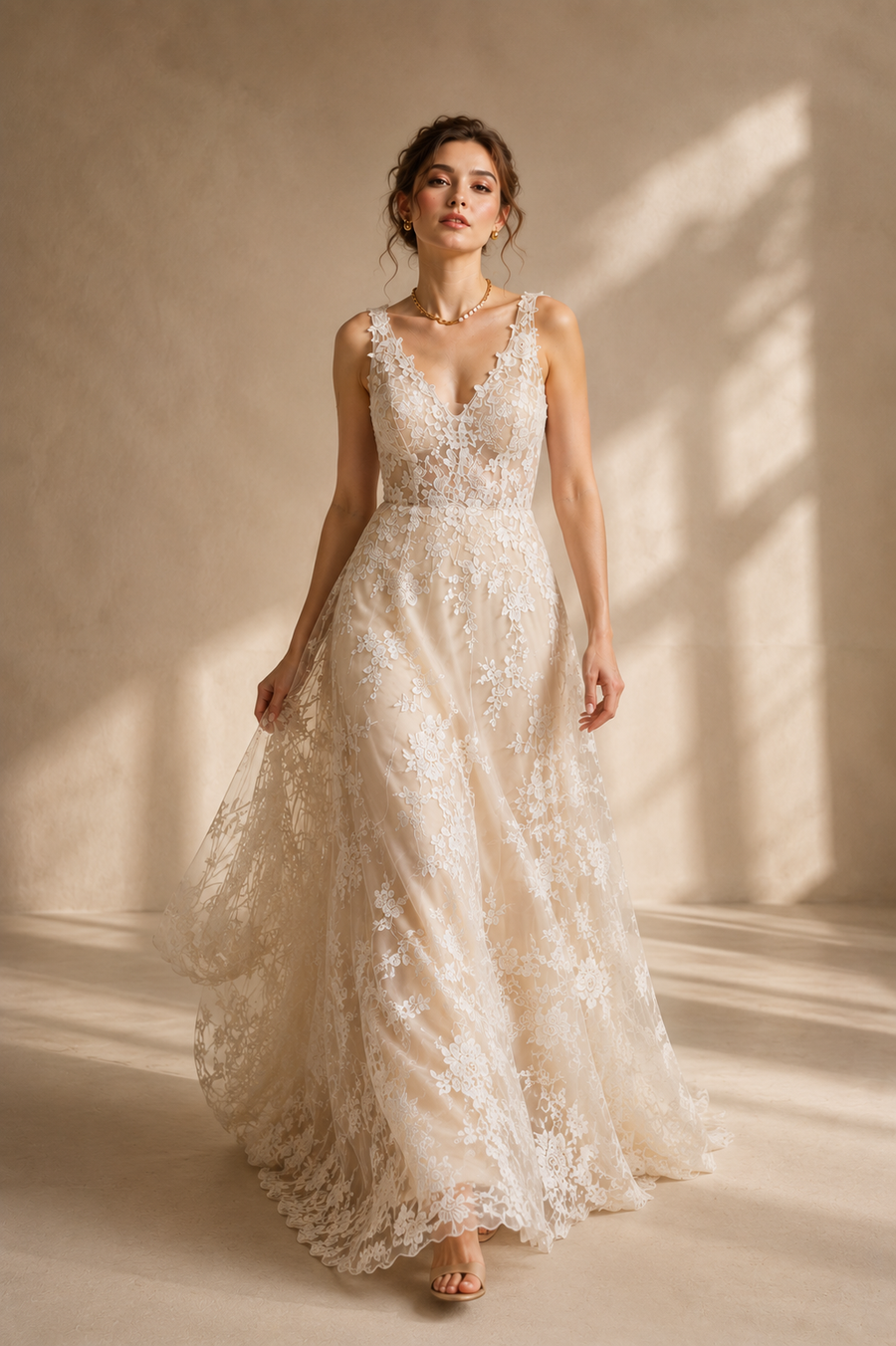 Ivory floral lace wedding guest dress with nude tulle and deep V neckline
