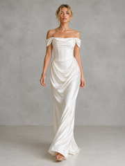 Ivory Satin Off-Shoulder Corset Gown - Elegant Draped Bridal Evening Dress