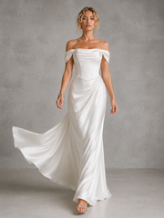 Ivory Satin Off-Shoulder Corset Gown - Elegant Draped Bridal Evening Dress