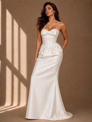 Ivory satin strapless corset evening dress with elegant bow and floor-length skirt