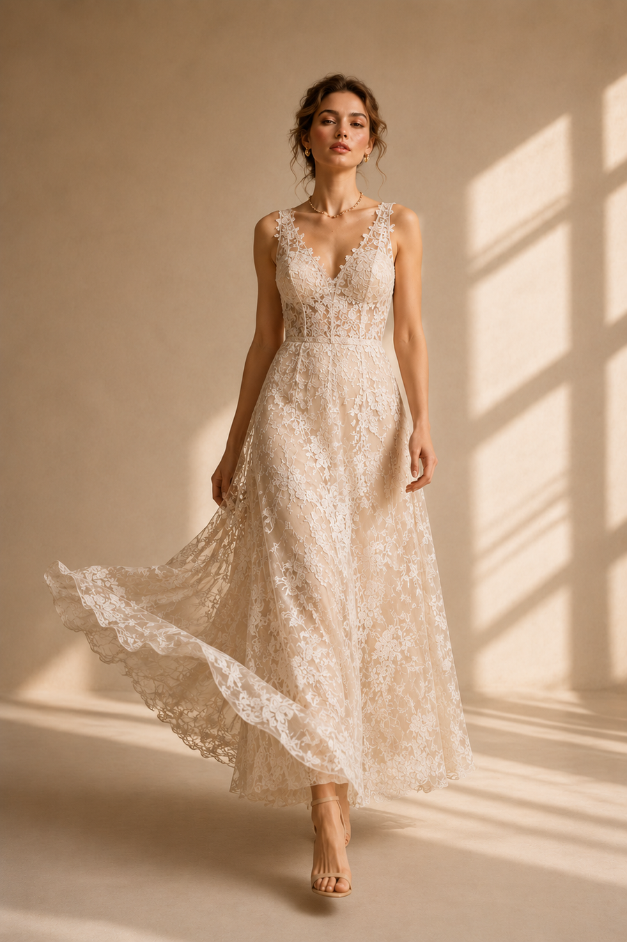 Ivory floral lace wedding guest dress with nude tulle and deep V neckline