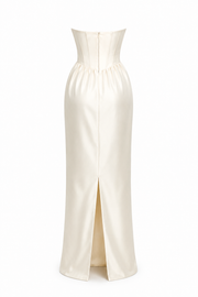 Ivory satin strapless corset evening gown with bow and floor-length silhouette