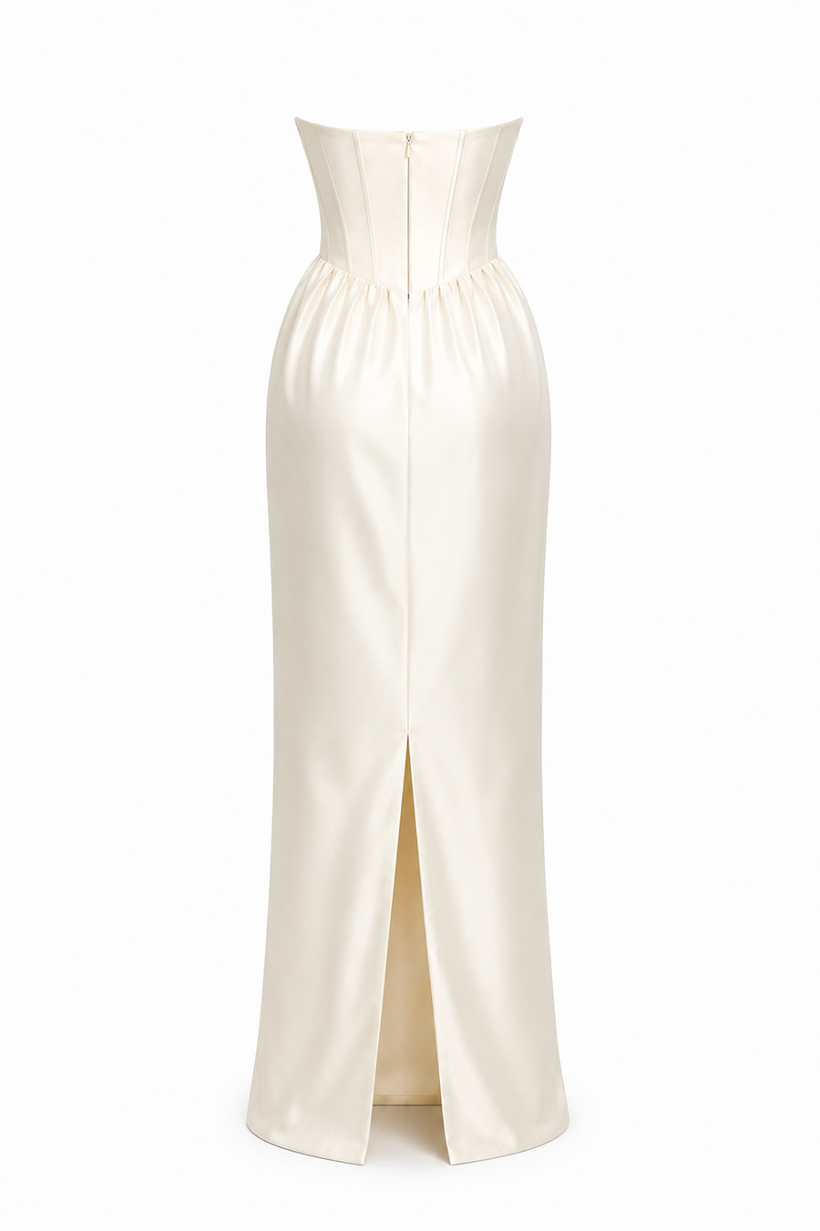 Ivory satin strapless corset evening gown with bow and floor-length silhouette