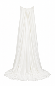 Elegant strapless Celestial Drape Back wedding guest dress with minimalist flowing satin fabric and draped back design