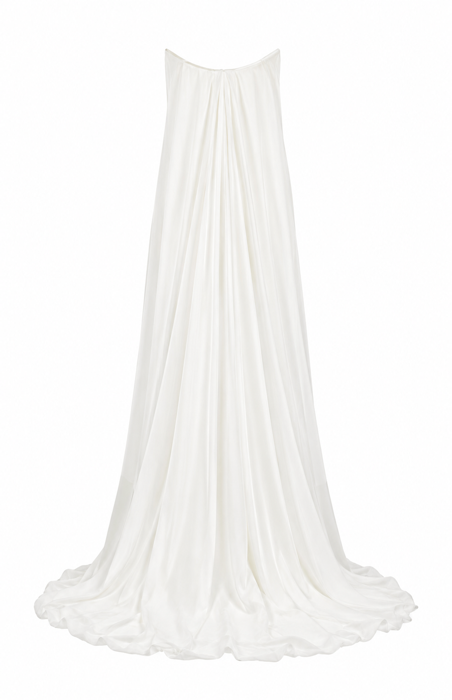 Elegant strapless Celestial Drape Back wedding guest dress with minimalist flowing satin fabric and draped back design
