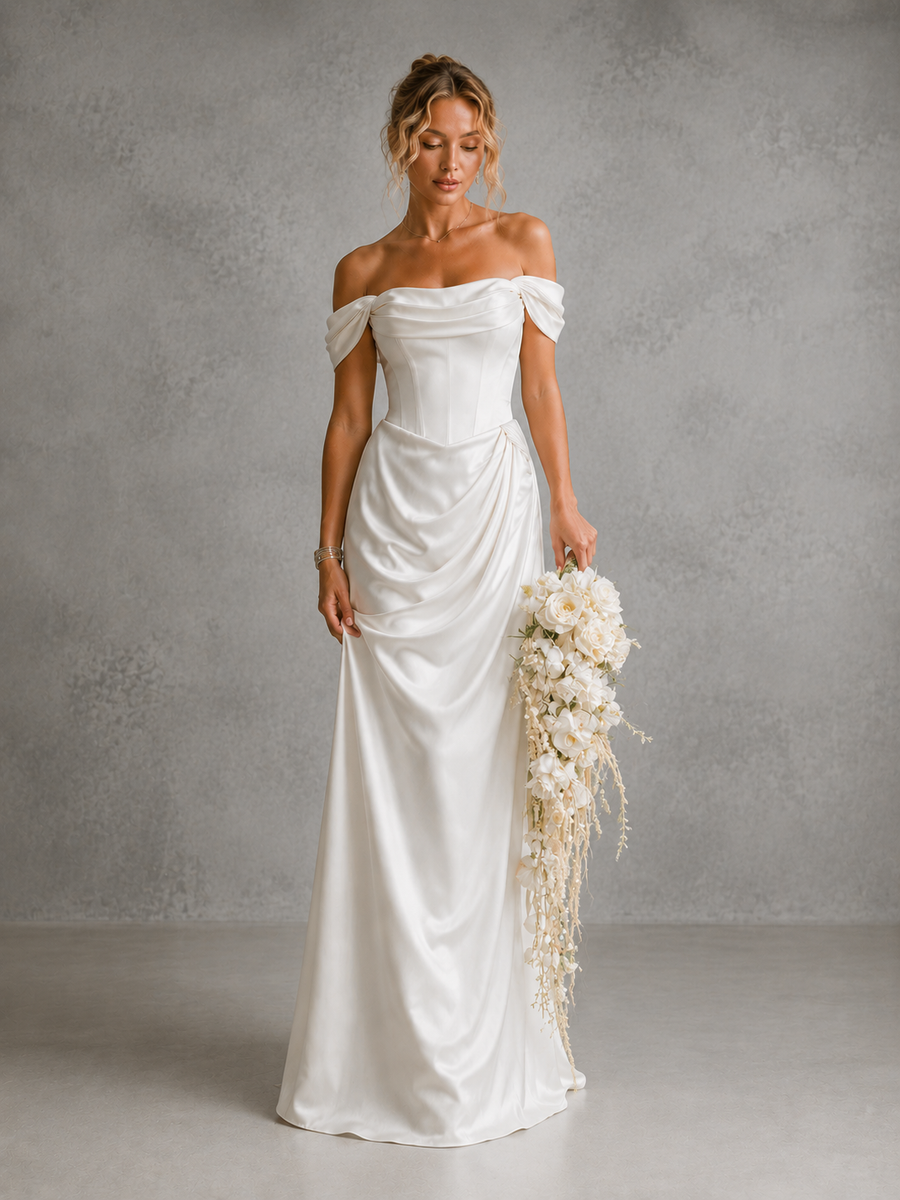 Ivory Satin Off-Shoulder Corset Gown - Elegant Draped Bridal Evening Dress