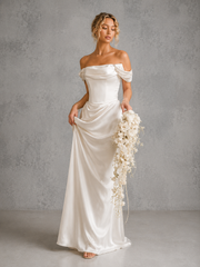 Ivory Satin Off-Shoulder Corset Gown - Elegant Draped Bridal Evening Dress