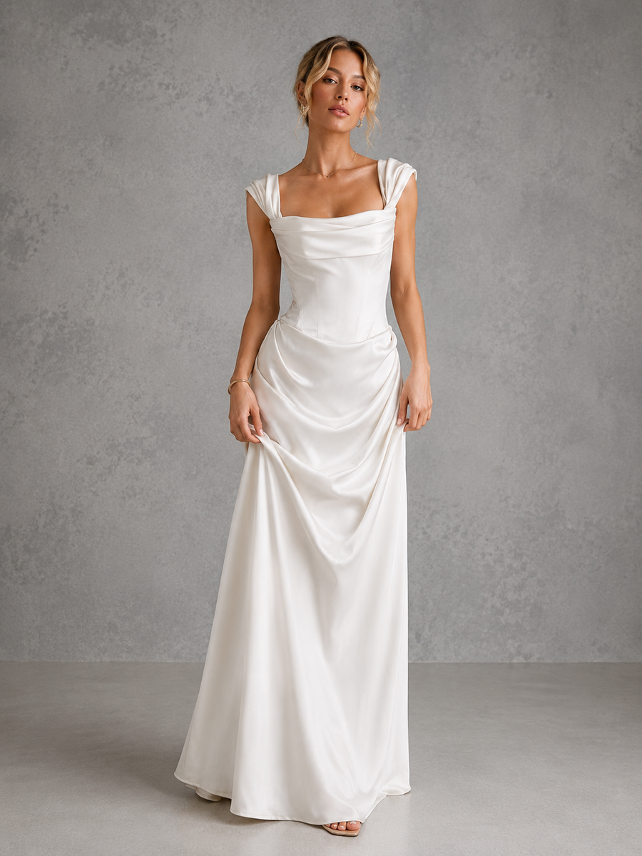 Ivory Satin Off-Shoulder Corset Gown - Elegant Draped Bridal Evening Dress