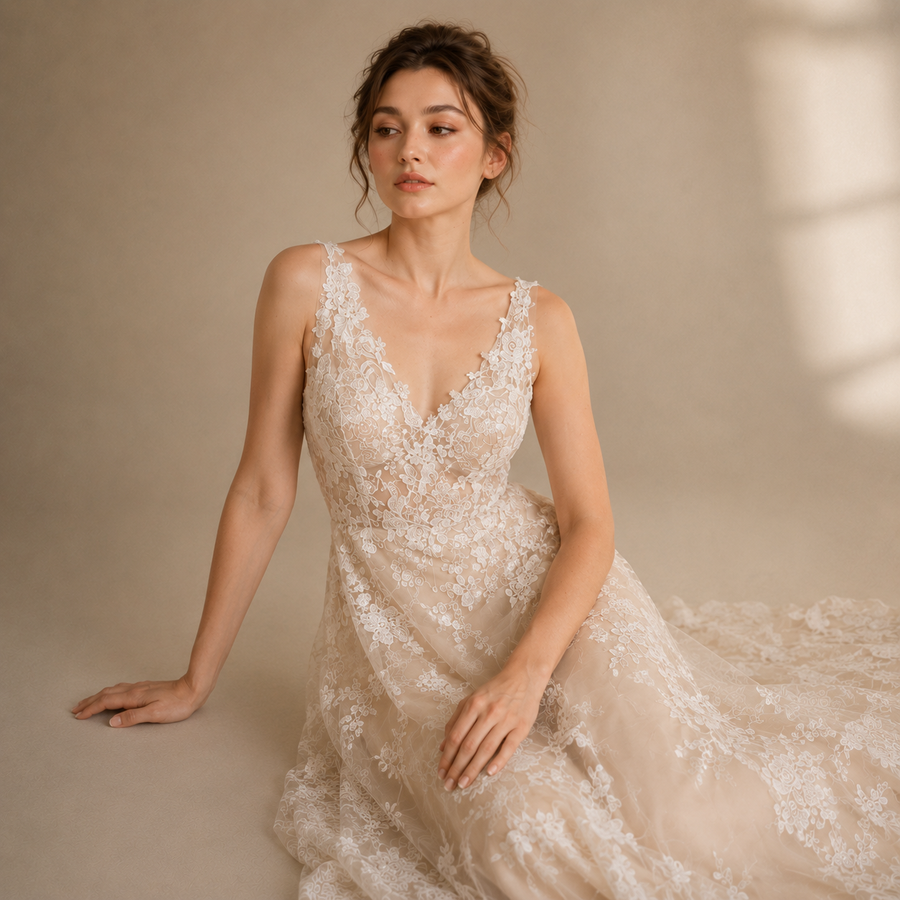 Ivory floral lace elegant wedding guest dress with nude tulle and deep V neckline