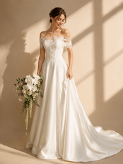 Celestia Lace Off-Shoulder Bridal Gown - Elegant Satin Wedding Dress with Romantic Floral Embroidery
