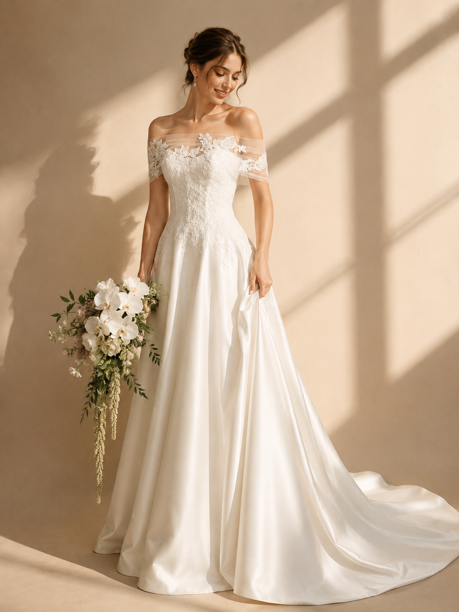 Celestia Lace Off-Shoulder Bridal Gown - Elegant Satin Wedding Dress with Romantic Floral Embroidery