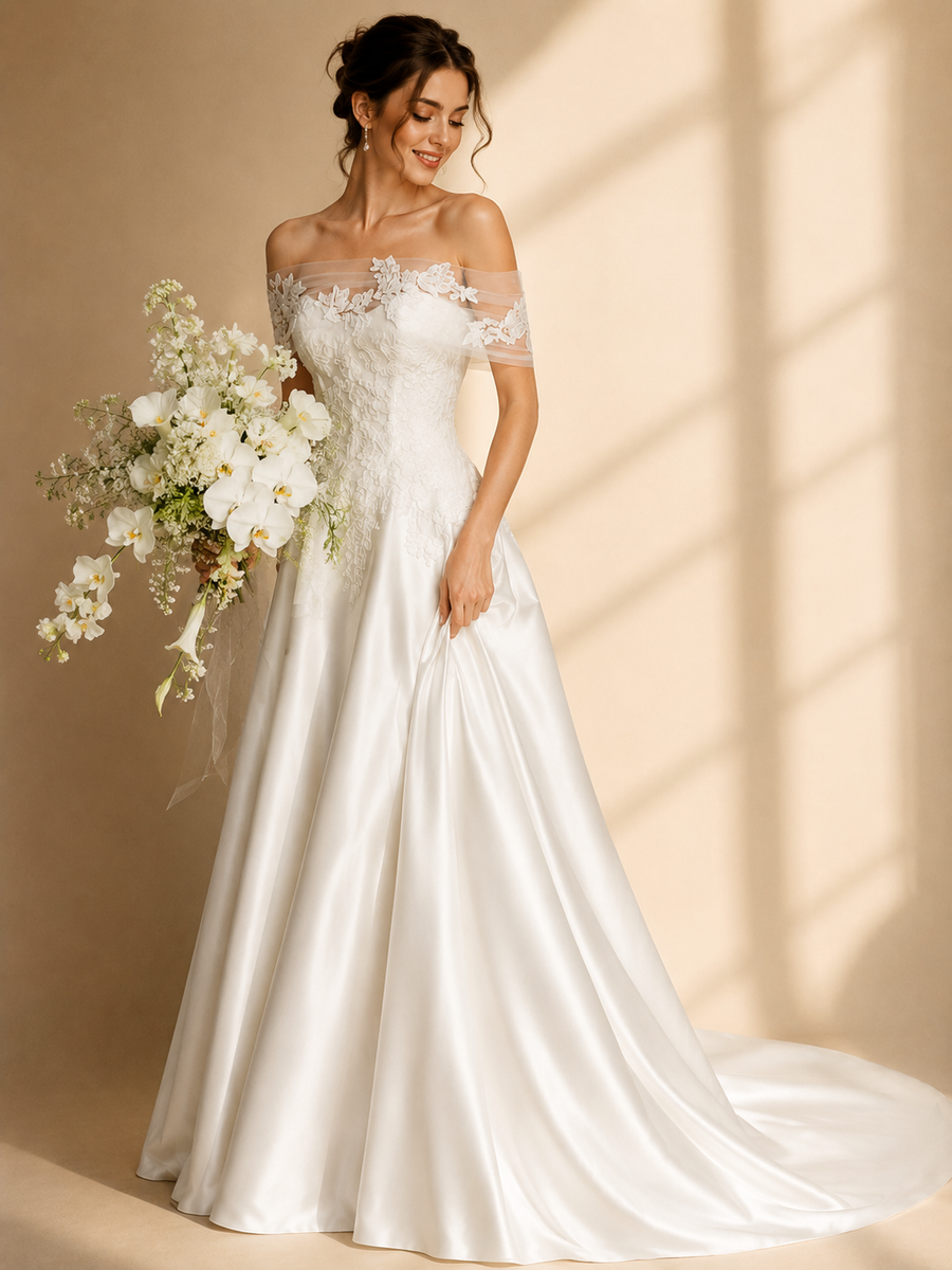 Celestia Lace Off-Shoulder Bridal Gown - Elegant Satin Wedding Dress with Romantic Floral Embroidery