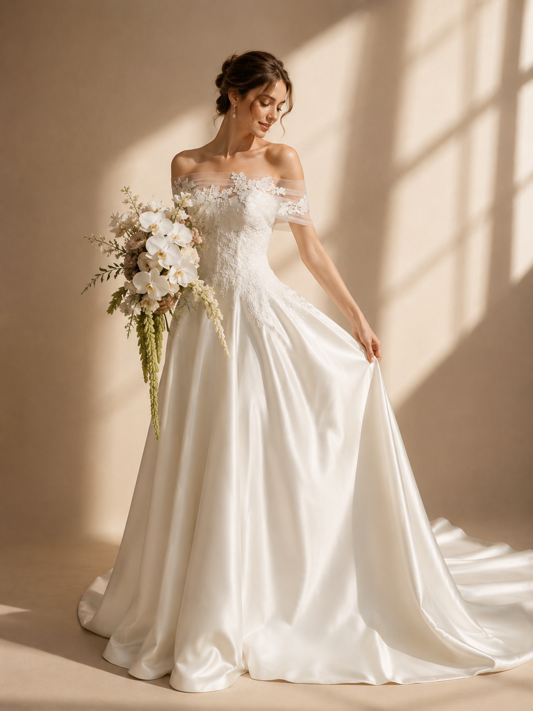 Celestia Lace Off-Shoulder Bridal Gown - Elegant Satin Wedding Dress with Romantic Floral Embroidery