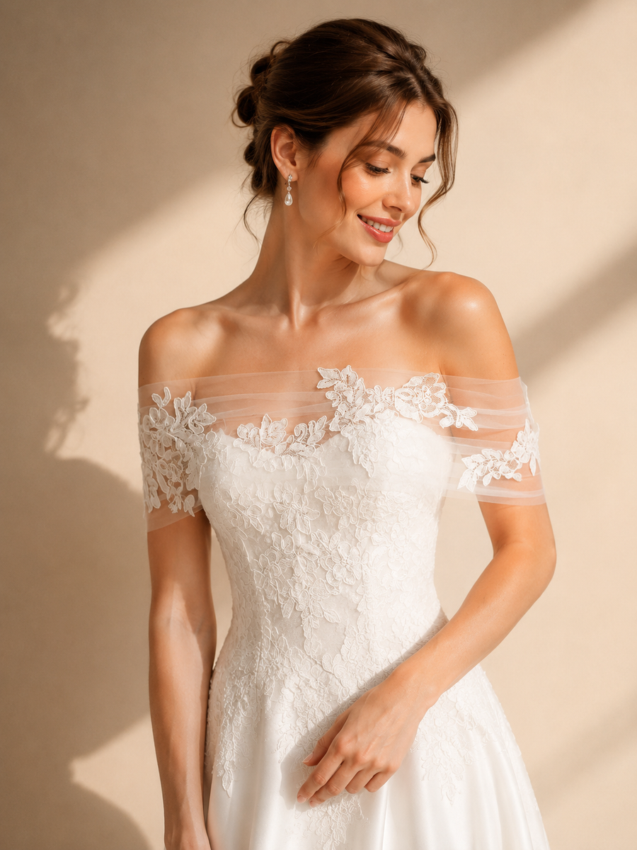Celestia Lace Off-Shoulder Bridal Gown - Elegant Satin Wedding Dress with Romantic Floral Embroidery