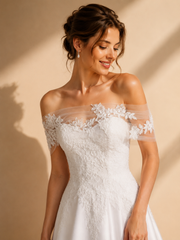 Celestia Lace Off-Shoulder Bridal Gown - Elegant Satin Wedding Dress with Romantic Floral Embroidery