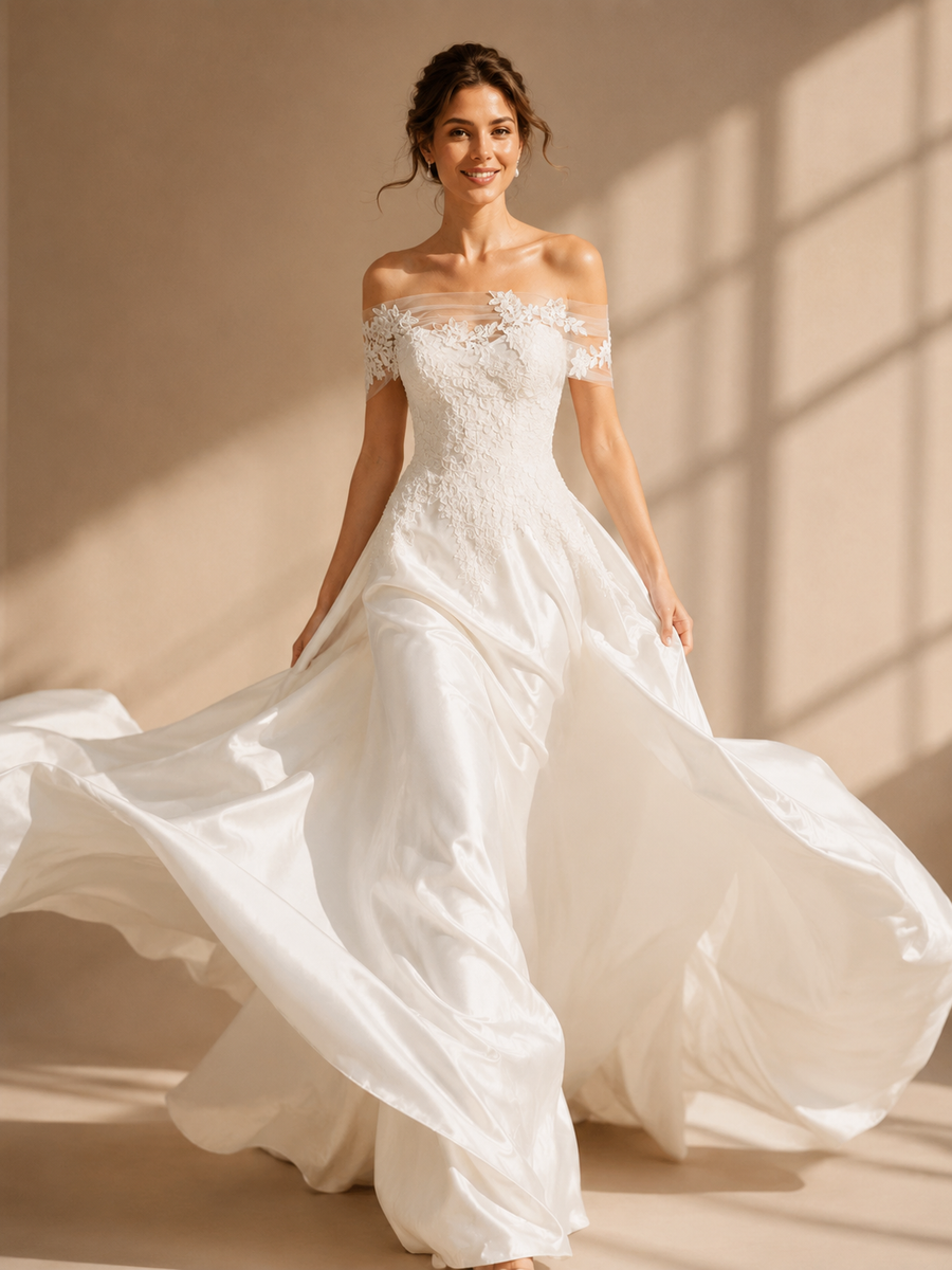Celestia Lace Off-Shoulder Bridal Gown - Elegant Satin Wedding Dress with Romantic Floral Embroidery
