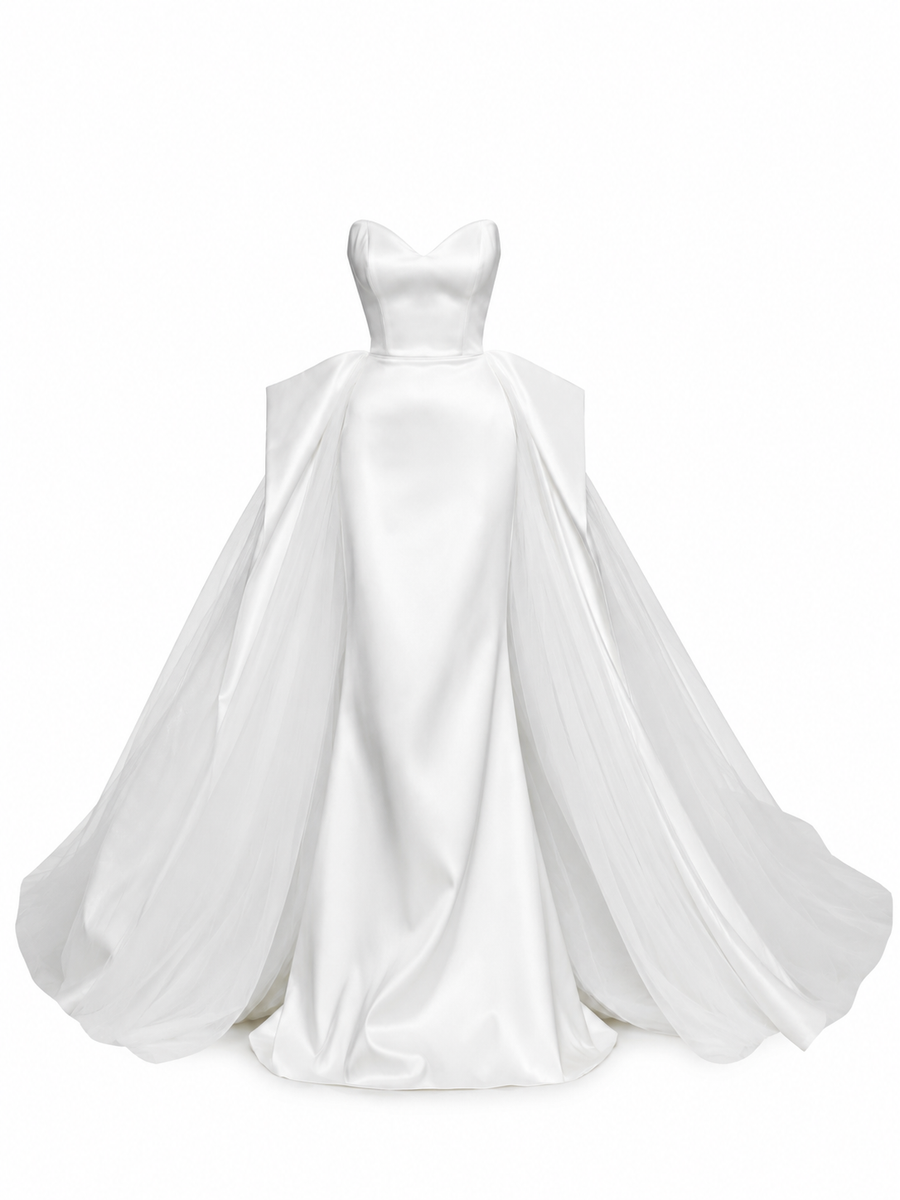 Ethereal Satin Bridal Gown - Sculpted Strapless Corset Wedding Dress with Dramatic Tulle Overskirt