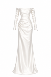 Ivory Satin Off-Shoulder Mermaid Gown - Elegant Sculpted Evening Dress with Long Sleeves