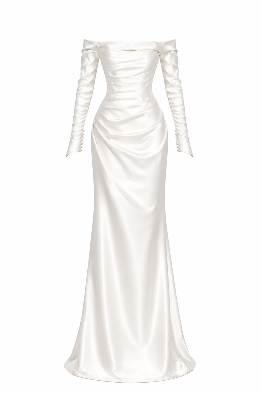 Ivory Satin Off-Shoulder Mermaid Gown - Elegant Sculpted Evening Dress with Long Sleeves