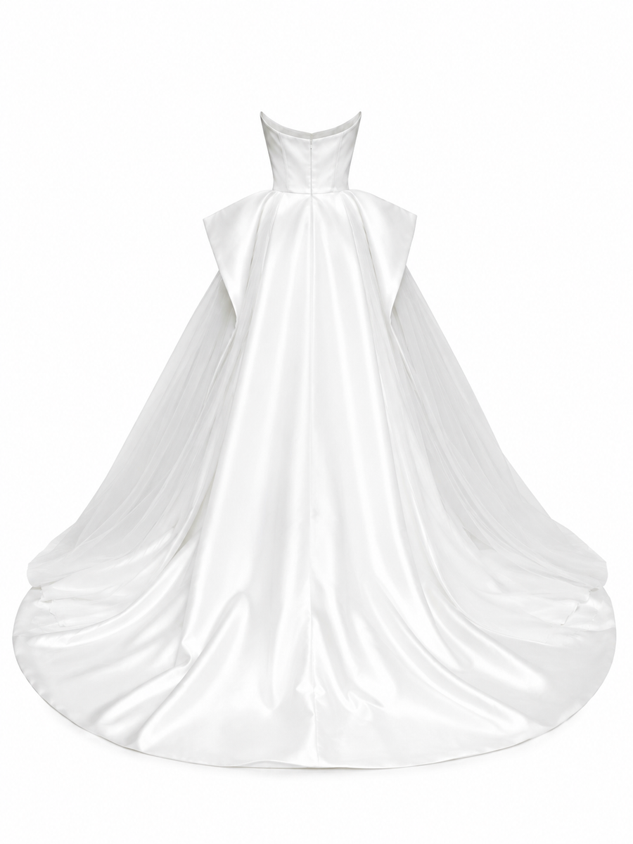 Ethereal Satin Bridal Gown - Sculpted Strapless Corset Wedding Dress with Dramatic Tulle Overskirt
