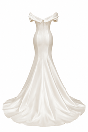 Ivory Sculpted Satin Mermaid Elegant Evening Dress - Off-Shoulder Formal Occasion Gown