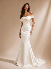 Ivory Sculpted Satin Mermaid Elegant Evening Dress - Off-Shoulder Formal Occasion Gown