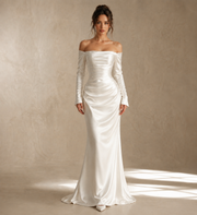 Ivory Satin Off-Shoulder Mermaid Gown - Elegant Sculpted Evening Dress with Long Sleeves