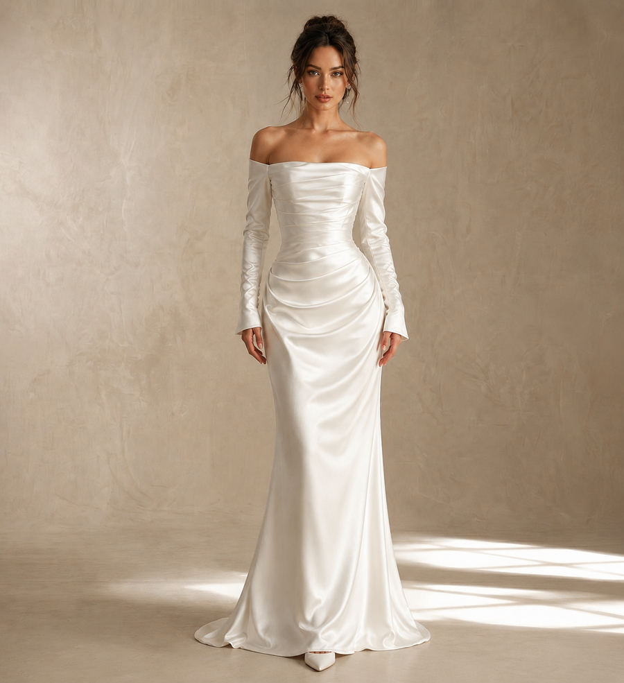 Ivory Satin Off-Shoulder Mermaid Gown - Elegant Sculpted Evening Dress with Long Sleeves
